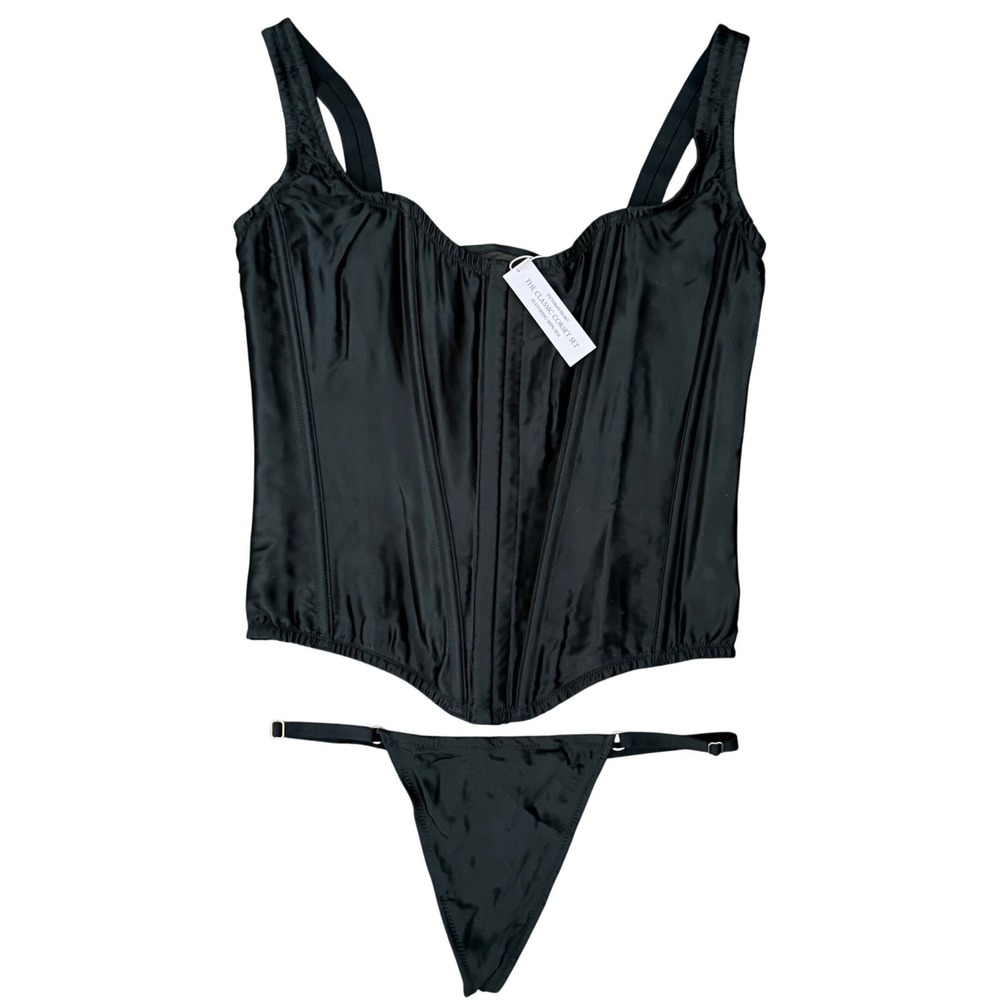 Victoria's Secret Black 100% silk Corset Top & Thong Set